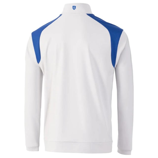 95% Polyester, 5% Elastane. Fabric: Performance, Stretch. Design: Colour Block, Logo. Fabric Technology: Breathable, Moisture Wicking. Chin Guard, Inner Zip Guard, Panelled, Unrestricted Movement. Sleeve-Type: Long-Sleeved. Neckline: Standing Collar. Fastening: Pull Over, Quarter Zip. M: 44 in. L: 46 in. XL: 48 in. XXL: 50 in.