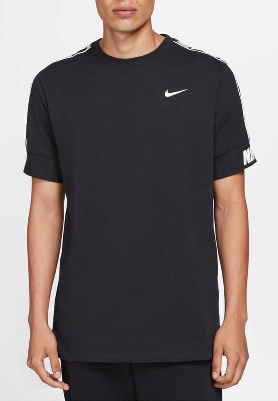 Nike Mens Repeat T Shirt.    Ribbed Crew Neck, Short Sleeve.     Soft Jersey Cotton Provides Lasting Comfort and Durability.     Repeat the Swoosh Graphics and Block Lettering So You Can Show the Love of Nike.