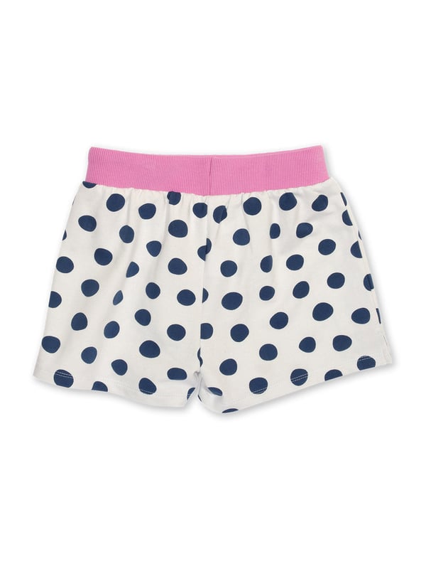 95% organic cotton 5% elastane | Proud to be certified to the Global Organic Textile Standard (GOTS) | Big spot all-over print | Cream and navy blue | French terry loop back fabric (240-250 gsm) | Elasticated waistband with adjustable ties | Mock fly detail | Made in Turkey | Machine washable at 40 degrees, or at 30 degrees to be kinder to the planet
