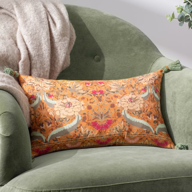 Inspired by arts and crafts, the Charais cushion fuses beautiful colour combinations together to create a busy smorgasbord of vivid tones and decorative floral patterns, which are all printed on incredibly soft cotton. Finished with a cotton reverse and corner tassels for added style, this piece will add a splash of colour to all interiors.