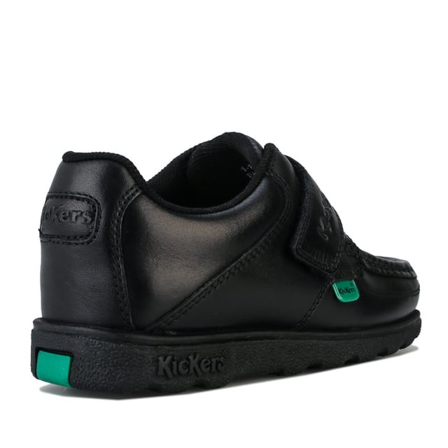 Children Boys Kickers Fragma Lo Strap Leather Shoes in Black <BR>- Hook and loop strap fastening <BR>- Padded collar <BR>- Iconic red and green branded tabs to sides <BR>- Smooth leather upper <BR>- Embossed branding <BR>- Leather Upper  Textile Lining  Synthetic Upper <BR>- Ref: 114862