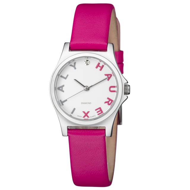 A playful pink leather strap lends flirty femininity to this timepiece, whose diamond-accented white dial proudly features the Haurex Italy logo displayed as indices. Quartz movement with analog display. Elegant miniature case diameter, only 28 millimeters. Yellow gold-plated stainless steel construction with fold-over clasp with double push-button safety.