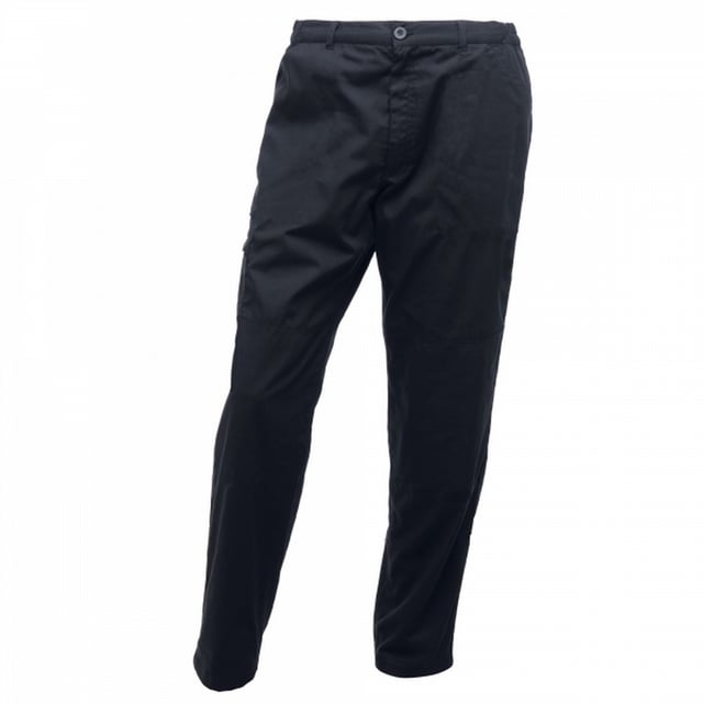 Mens waterproof trousers made of hardwearing Polycotton fabric. Fabric weight 245 g/m2. Water repellent coating. Part-elasticated waist. Knee pad pockets. Belt loops. Zip fly opening. Metal Shank button to CF fasten. 2 front pockets. 1 side cargo pocket button fasten, 2 rear pockets. Side leg Ruler pocket. D-ring attachment. Hammer Loop. Reinforced crotch seam. Reinforced seams with triple stitching. 65% Polyester, 35% Cotton. Long: 34in.
