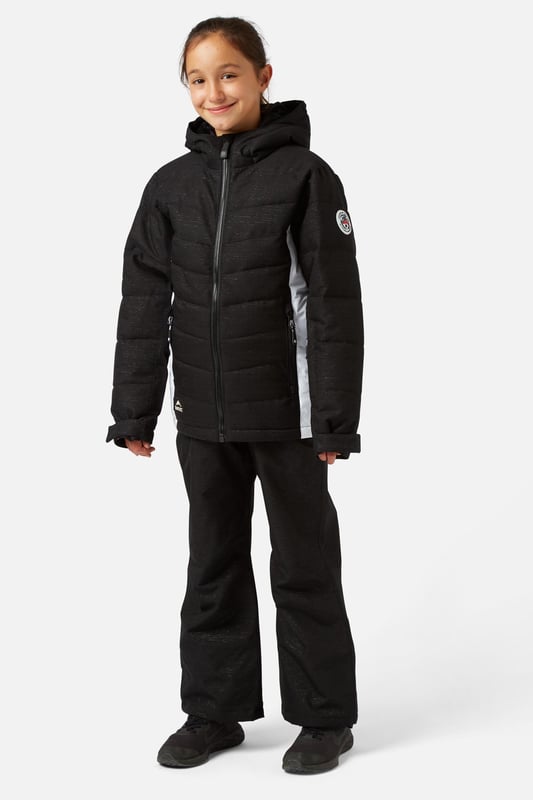 The Disco Girls ski jacket is a durable premium ski jacket, fully teched up for all conditions. Regular fit and length with baffled construction make this great all-rounder. Plenty of features to keep you happy and comfortable all day up the mountain or simply on the way to school.

    Fit: Regular Fit
    Shell Fabric: 100% Recycled Polyester Ripstop.
    Waterproof Rating: 10,000 mmor simply put the fabric will sustain 10 meters of water pressure onto the face of the shell.
    Breathability Rating: High Breathability - 10,000 g/m2This level of breathability will allow the heat generated from your body to escape without allowing condensation to build up and make you wet from the inside.
    Treatments: Hydrophobic Durable Waterproof Repellent finish (DWR) Is applied to the outer shell to make the jacket highly water and stain resistant. You will see water bead and roll off the outer shell to help stop the fabric becoming saturated and wetting out.
    Insulation: 100% recycled low loft polyester 80 grams in the body and 40 grams in the arms.

    Feature List
    Taped seams
    Internal zipped pocket with goggle wipe
    Fixed hood
    Wrist guard
    Super soft chin guard
    Lift pass stash pocket
    Chunky main zipper
    Powder skirt
    Dry butt patch
    Internal/External storm flaps
    Multiple zipped pockets
    Machine washable
