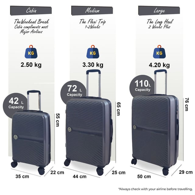 Mejora tu estilo de viaje con nuestra maleta rígida. Combinando robustez y practicidad, este equipaje cuenta con 8 ruedas de suave rodadura y un asa telescópica con botón pulsador, lo que garantiza un deslizamiento sin esfuerzo en tus viajes. Características de diseño: • Exterior llamativo para una declaración de moda. • 8 ruedas de suave rodadura y asa telescópica para una navegación perfecta. • Ruedas giratorias de 360 ​​grados sin esfuerzo para una maniobrabilidad rápida. • Cerradura de combinación integrada para mayor seguridad y tranquilidad. • Lujoso forro completo suave al tacto y bolsillo interior con cremallera para un embalaje organizado. • Fabricado con material de carcasa rígida de polipropileno ultrarresistente para mayor durabilidad. Experimente la máxima comodidad con correas de embalaje elásticas, que mantienen su ropa segura durante el tránsito. Ya sea en aeropuertos o estaciones de tren, esta maleta combina elegancia con funcionalidad para una experiencia de viaje refinada. TAMAÑOS: CABINA 20": 55 x 35 x 22 cm, 2,5 kg. 42 litros MEDIANO 24”: 65 x 44 x 25 cm, 3,3 kg. 72 litros GRANDE 28”: 76 x 50 x 29 cm, 4,2 kg. 110 litros - NOTA: Seleccione el tamaño preferido. Los tamaños se venden individualmente, no en juegos.