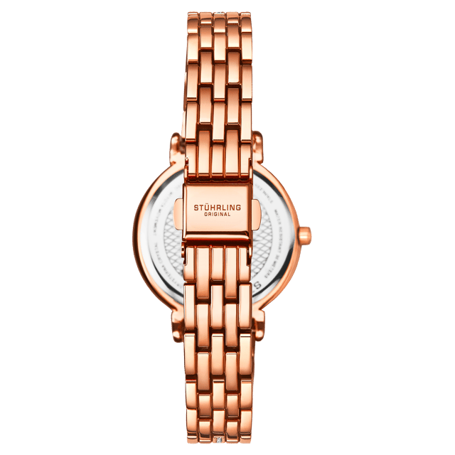 Ladies Quartz Roe/Gold Toned Case, Rose/Gold Toned Crystal Studded Bezel, Black MOP Dial, Rose/Gold Toned Hands and Markers, Rose/Gold Toned Link Bracelet with Crystals Watch