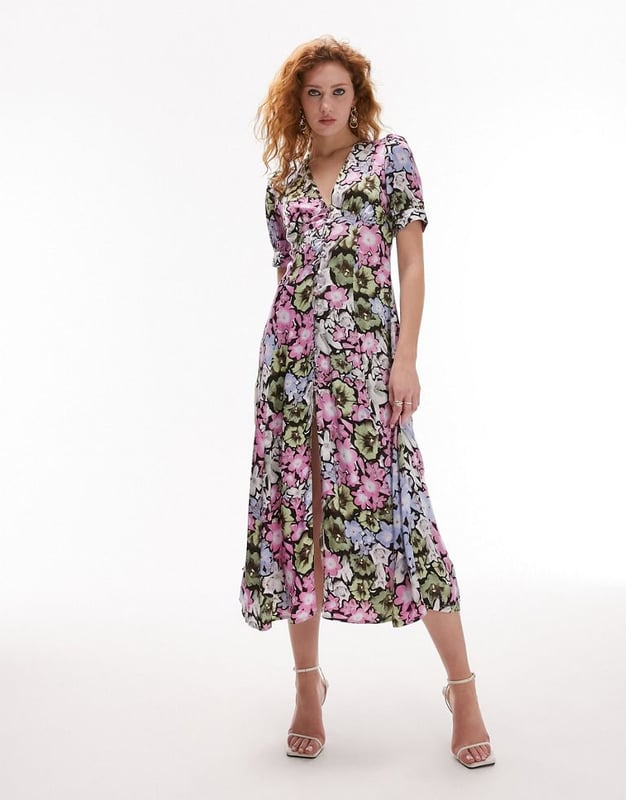 button down floral printed midi dress in multi