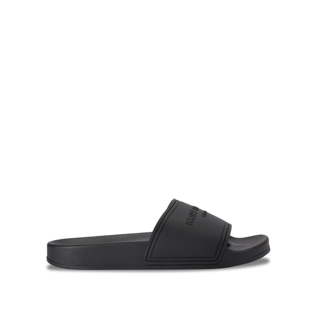 This Kurt Geiger drench Pool slider sandal is crafted from a black rubber. The wide foot strap is embellished with Kurt Geiger branding and the footbed is moulded for comfort.