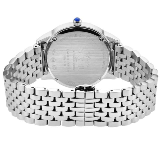 Gevril Airolo - Diamond
Gevril’s simply stunning Airolo collection is the elegant epitome of minimalist approach creating maximalist effect. With a carefully crafted design that lets the art of subtlety speak for itself, Airolo is a diamond-forward class act.

The Airolo Collection, Gevril Women's Swiss Diamond Watch, gathers inspiration from the breathtaking resort town deep in the Swiss Alps where the heart of three valleys meets. This stunner takes the best of all its influences: solid craftsmanship, style and romance create an impactful timepiece for the ages.

With a 36mm round stainless steel, polished case, brilliant mother of pearl dial, Airolo radiantly features 12 diamonds as time indices. The diamonds don’t end there… in three equally winning options, Airolo has a clean, stainless-steel bezel, a half diamond bezel with over half of a carat of 34 diamonds or a full diamond bezel with close to a carat of 56 diamonds. All with expert clarity and color. A push pull crown with blue cabochon stone adds one final detail to the already alluring watch that comes with either a genuine Italian Pearl Finished leather strap or a stainless-steel bracelet. You simply cannot go wrong.

Gevril’s Airolo collection is effectively sleek and chic, a feat for a diamond dazzler. No matter the option, a timepiece like Airolo is timeless.

Gevril 13147B Airolo Swiss Quartz Diamond Watch

Gevril Women's Swiss Quartz Diamond Watch from the Airolo Collection
36mm Round SS Polished Case, White MOP Dial
56 Diamonds on case 0.92 TCW, 12 Diamonds on Dial 0.2 TCW, Clarity VS, Color FG
Push Pull crown with Blue Cabochon Stone
SS Screw in case back, Limited Edition 01/500
316L Stainless Steel Bracelet with Deployment Buckle
Anti-reflective Sapphire Crystal
5 ATM (50 Meters 165 Feet)
Swiss Quartz Movement Ronda 762