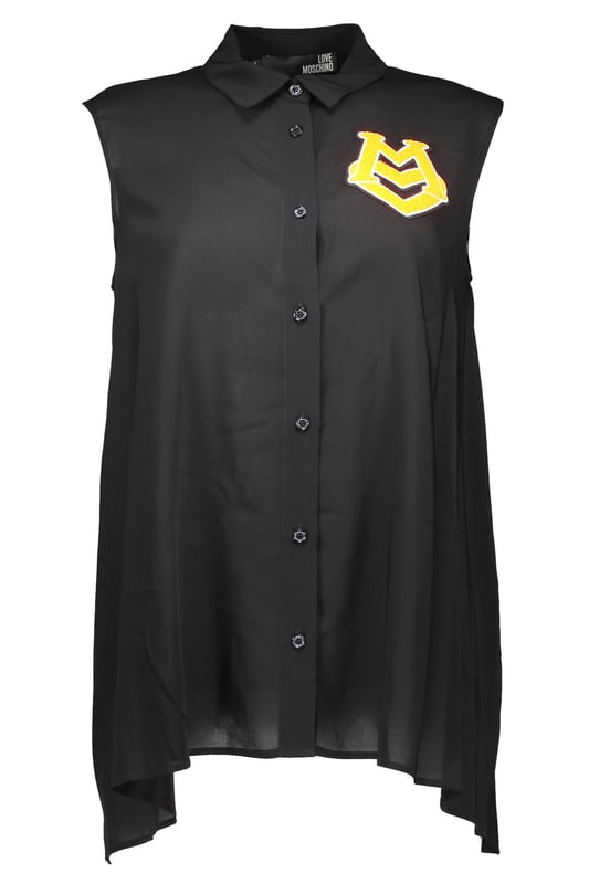 Camisa sin mangas, cuello italiano, botones, aplicación, logo
