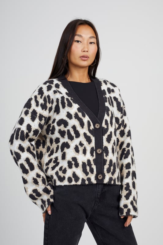 Knit Cardigan Leopard Sweater Women's Camel Button Through
