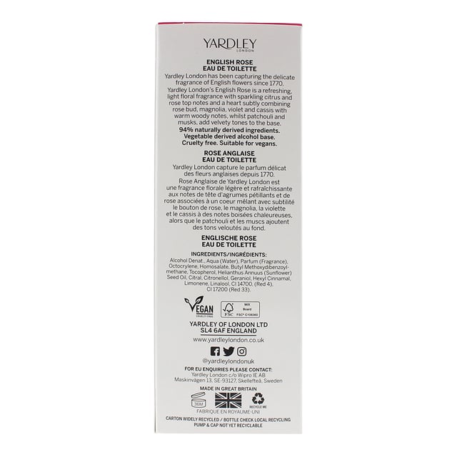 Yardley London is one of the oldest companies in the world to specialise in cosmetics fragrances and related toiletries products. It was founded in 1770 and continues to create luxury items. The company offers body sprays body lotions hand creams soaps skin care and hair care products talcum powders and body washes for women and men. English Rose is a fresh floral fragrance by Yardley. It was released in 2015. The top notes are citruses rose and tea. The middle notes are rose magnolia violet and cassis. The base notes are patchouli and musk.