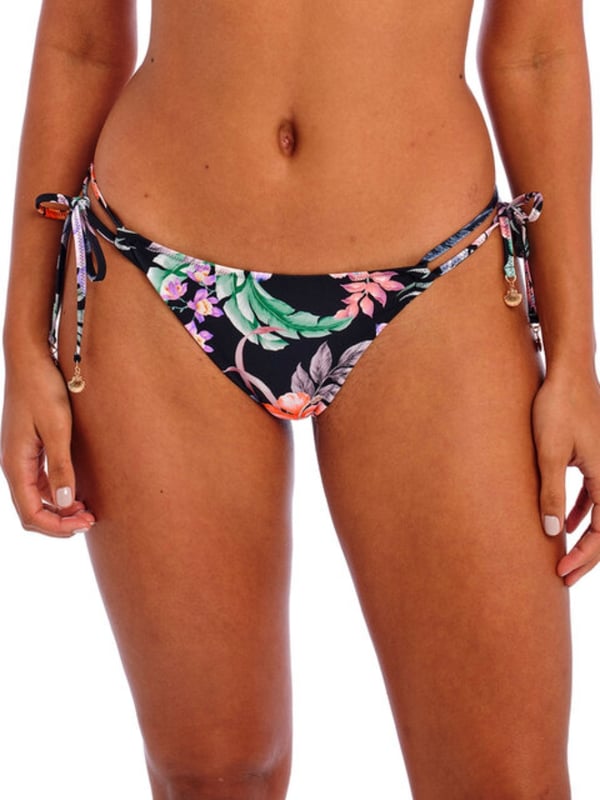 Freya Kamala Bay Tie Side Bikini Brief. Tropical print low rise swim bottom with adjustable side ties. This product is recommended to be washed on a gentle wash cycle.