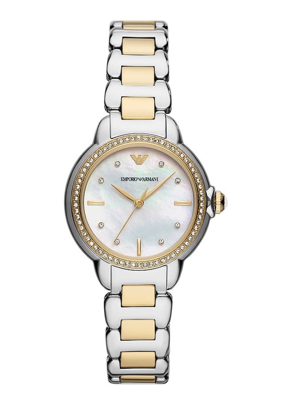 This Emporio Armani Mia Analogue Watch for Women is the perfect timepiece to wear or to gift. It's Multicolour 32 mm Round case combined with the comfortable Multicolour Stainless steel watch band will ensure you enjoy this stunning timepiece without any compromise. Operated by a high quality Quartz movement and water resistant to 5 bars, your watch will keep ticking. This elegant, fashionable watch set with beautiful stones is a perfect gift for New Year, birthday,valentine's day and so on High quality 19 cm length and 15 mm width Multicolour Stainless steel strap with a Deployment clasp Case diameter: 32 mm,case thickness: 9 mm, case colour: Multicolour and dial colour: Mother of pearl