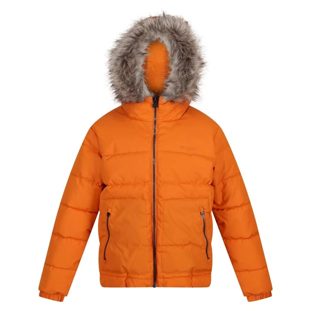 Regatta Childrens/Kids Faux Fur Trim Parka (Ahorn) Äußere Materialien: 100% Polyester. Stoff: Mikro-Popeline. Innenfutter: Polyester, Taft. Design: Abzeichen, Logo. Besätze: Reflektierend. Stofftechnologie: Strapazierfähig, isolierend, schnell trocknend, Thermo-Guard. Innere Reißverschlussabdeckung, gepolstert, gedrucktes Namensetikett, genähte Blenden. Manschette: Elastisch. Halsausschnitt: Kapuze. Ärmel-Typ: Langärmelig. Kapuzen-Merkmale: Kunstpelzbesatz, an der Kapuze angewachsen. Taschen: 2 Seitentaschen, Reißverschluss. Verschluss: Durchgehender Reißverschluss. Saum: Gummizug.