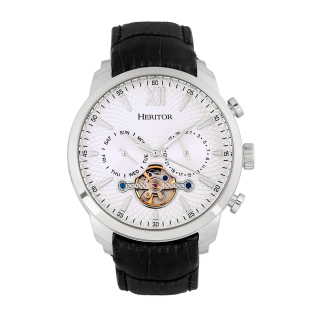 316L Surgical-Quality Stainless Steel Case; Jeweled Automatic Movement; Jewel Bearings: 20 Jewels; 42-Hour Power Reserve; Beats per Hour (BPH): 21600/Hour; Sapphire-Coated Mineral Crystal; Pattern Dial; Semi-Skeleton Dial; Observation Caseback to view Movement; Genuine Leather Crocodile-Embossed Strap; Logo-Engraved Stainless Steel Clasp; Luminous Hands; Luminous Markers; Day Sub-Dial; Date Sub-Dial; 45mm Diameter; 5 ATM Water Resistance;