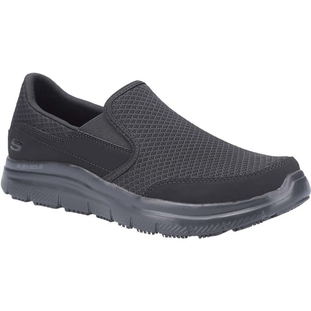 Cool sporty style and all day comfort combines in the Flex Advantage McAllen SR shoe. Smooth synthetic and mesh fabric upper in a slip on sporty casual comfort slip resistant work sneaker with stitching and overlay accents.