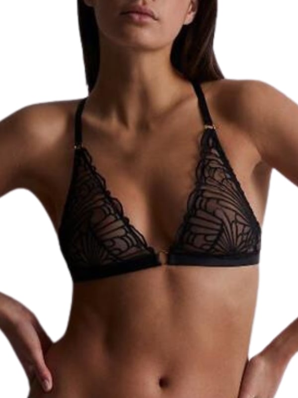 Aubade L'Indomptable Triangle Bralette. Non-wired plunge bralette with strap detailing and non padded high apex cups for a deep plunge. Matching briefs available. This item is recommended for hand wash only.