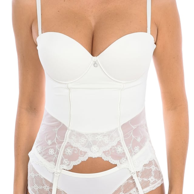 Claire bodice.
 Push-up cups with underwire and removable straps for brides.
 Built-in tulle garter belt.
 A comfortable and feminine garment ideal for women's everyday life.
 Innovation, the quality of its raw materials and the constant evolution of its product have marked the trajectory of Selene, consolidating a leading company in women's underwear.
 Composition: 60% Polyamide, 28% Polyester, 12% Elastane
 Care:
Handwash.
 Do not centrifuge.
 Do not iron.
 Do not use bleach.
 Do not use dryer.
 Do not dry clean.