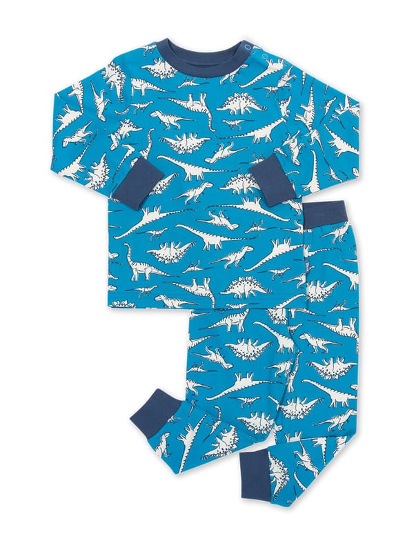 95% organic cotton 5% elastane | Proud to be certified by Control Union to the Global Organic Textile Standard (GOTS) | Dino fan all-over print | Single jersey with a little bit of stretch | Two-piece set | Slim fit | Long sleeved | Elasticated waistband | Round neck with popper shoulder opening (up to and including size 3y) | Ribbed cuffs | Made in Turkey | Machine washable at 40 degrees, or at 30 degrees to be kinder to the planet