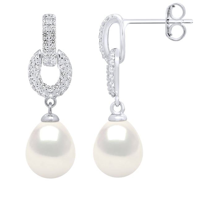 Hanging Earrings Real Cultured Freshwater Pearls Pear 8-9 mm - COLOR NATURAL WHITE - Paving White Cubic Zirconia - Butterfly Clasp - Silver 925 Rhodium plated - Delivered with Certificate of Authenticity and International Guarantee - MANUFACTURED BY OUR FRENCH JEWELERS