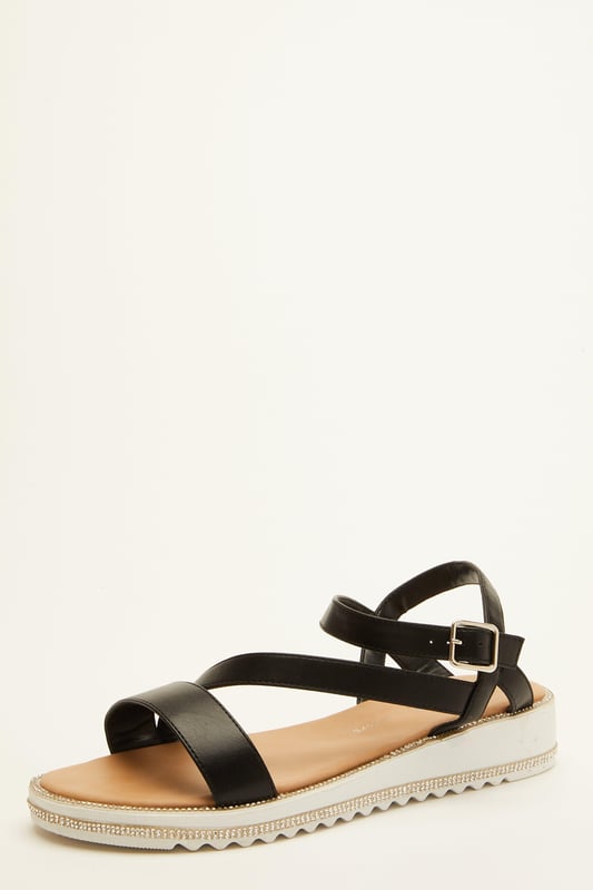 Black Faux Leather Flatform Sandals - Platform wedge - Faux leather - Asymmetric straps - Embellished sole - Heel height: 1.5" approx