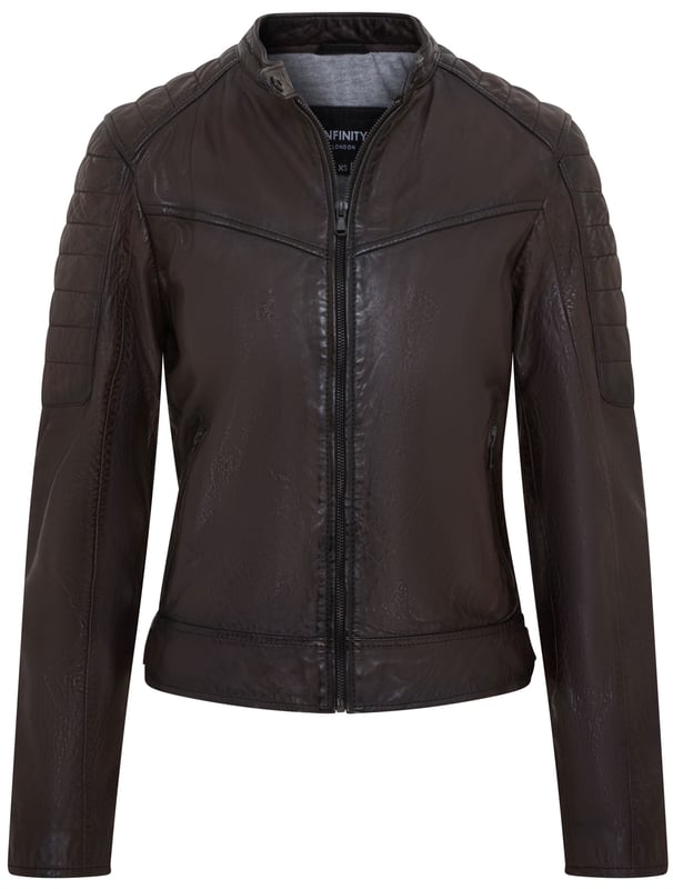 This stylish leather jacket offers a modern take on classic biker style. Crafted from soft lamb leather, it combines comfort and durability with a sleek and edgy aesthetic.

Key Features:

Soft Lamb Leather: Ensures comfort and a luxurious feel.
Modern Biker Style: Features a stand-up collar, zipper closure, and angled pockets.
Functional Pockets: Includes two zippered chest pockets and one interior pocket for secure storage.
Adjustable Waist: The buckle at the hem allows for a customized fit.
Edgy Details: The quilted shoulder panels add a touch of visual interest and enhance the jacket's biker-inspired look, while also providing additional protection.
Quilted Shoulder and Sleeves: The quilted design offer added protection and a stylish touch.
This jacket is perfect for those who want a versatile and stylish piece that can elevate any outfit.