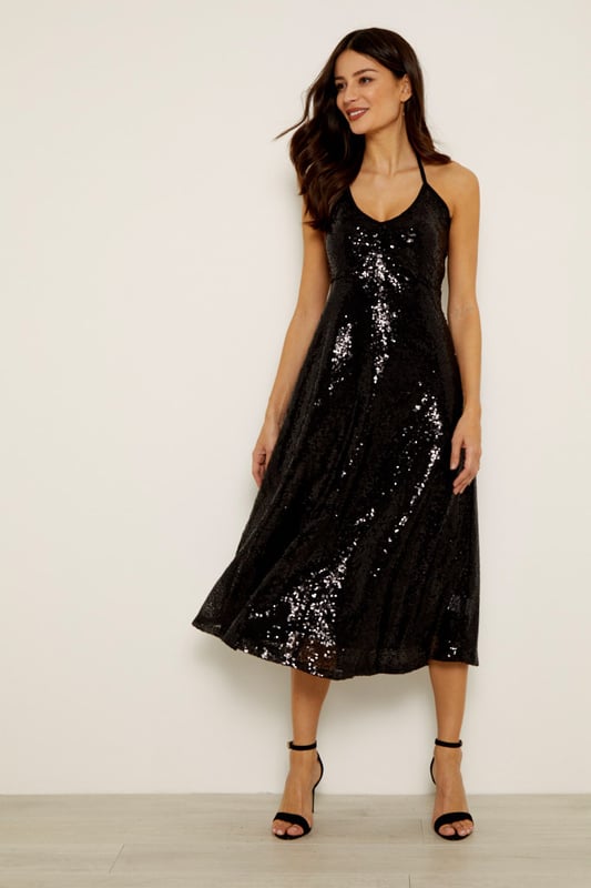 Black sequin halter neck sale dress