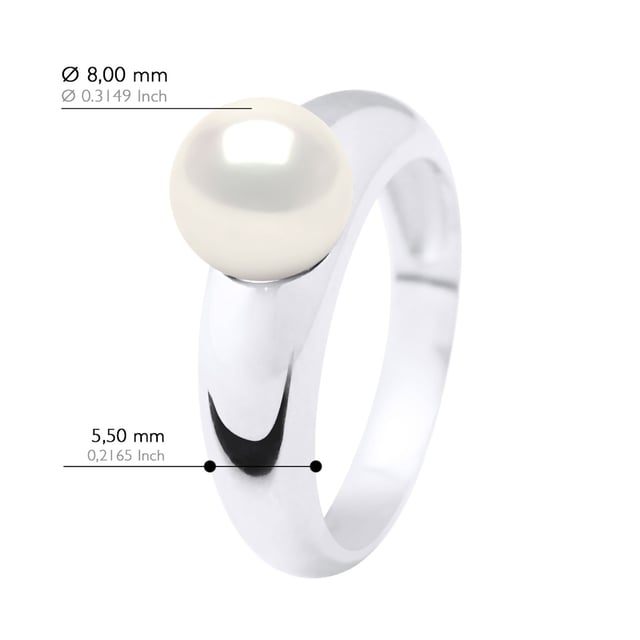 Ring - White Gold - Real Cultured Freshwater Pearl Round 8-9 mm - COLOR NATURAL WHITE - available Size even numbers from 48 to 62 - Delivered with Certificate of Authenticity and International Guarantee - MADE IN FRANCE
