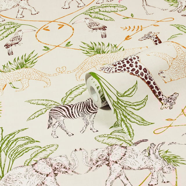 The magnificent Serengeti landscape is captured in the tranquil wallpaper featuring all the best loved safari animals in a decorative swirling kaleidoscopic scenery. A neutral palette sits behind the design as it enhances its intricate detail. A compilation of giraffes, zebras, elephants, cheetah, monkeys, flamingos, and Toucans will add a touch of safari beauty wherever it is used. This wallpaper is a paste the wall application; simply paste the wall, hang your paper, and leave to dry. Each roll is 10m long and 52cm wide. Pattern repeat: 53cm Straight Match. Our Serengeti wallpaper can be used to paper the whole room or to create an eye-catching feature wall. This wallpaper is also wipeable so that any light marks can be dabbed away.