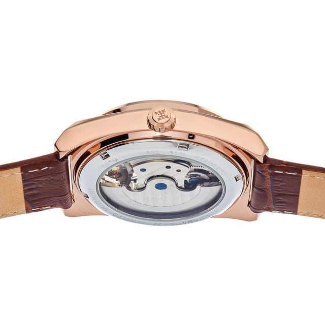 316L Surgical-Quality Stainless Steel Case; Jeweled Chinese Automatic Movement; Jewel Bearings: 22 Jewels; 36-Hour Power Reserve; Beats per Hour (BPH): 21600/Hour; Sapphire-Coated Mineral Crystal; Observation Caseback to view Movement; Skeletonized Dial; Genuine Leather Strap; Logo-Engraved Stainless Steel Clasp; Luminous Hands; 24-Hour Sub-Dial; 43mm Case Diameter; 5 ATM Water Resistance