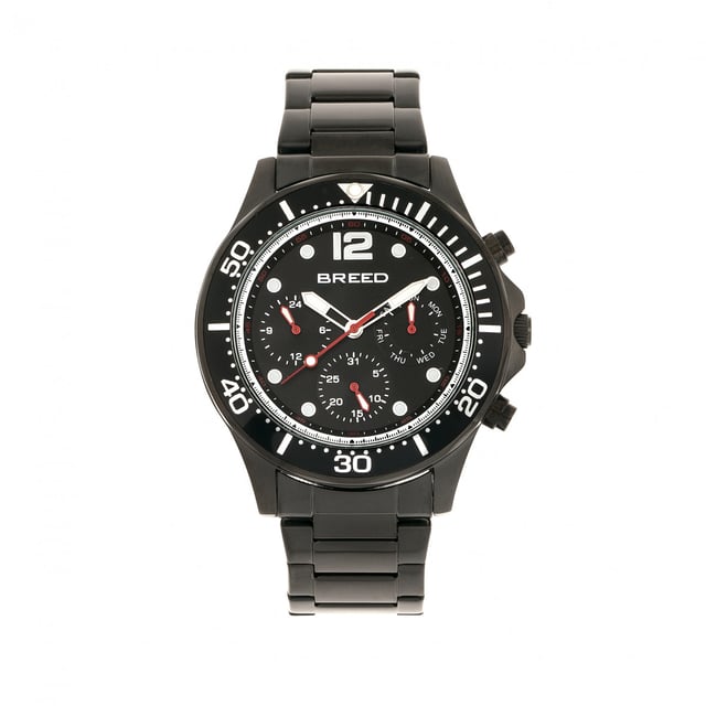 Brushed Alloy Case; Precision Japanese Quartz Movement; Non-Glare Scratch-Resistant Mineral Crystal; Logo-Engraved Stainless Steel Caseback; Polished Alloy Bracelet; Logo-Engraved Stainless Steel Fold-Over Push-Button Deployment Clasp; Luminous Hands; Luminous Markers; Day Sub-Dial; Date Sub-Dial; 24-Hour Sub-Dial; 46mm Case Diameter; 5ATM Water Resistance;