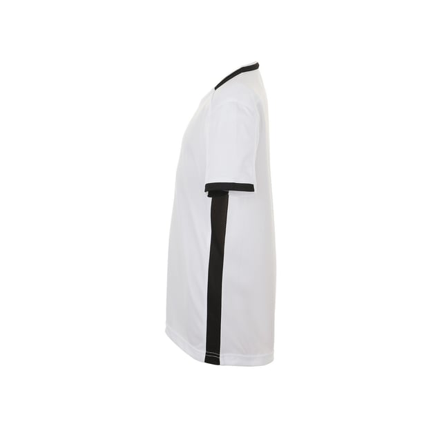 Childrens football t-shirt. Breathable polyester mesh. V neck with contrast trim. Forward shoulder seams. Contrast mesh side panels. Twin needle stitching. 150gsm. Fabric: 100% Polyester. Kids Height (cm): 4yrs- 96-104cm, 6 yrs- 106-116cm, 8 yrs- 118-128cm, 10 yrs- 130-140cm, 12 yrs- 142-152cm.