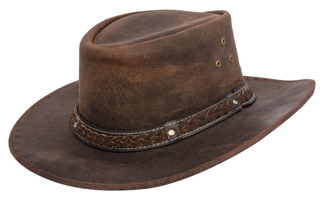 Real leather classic western cowboy outback hat. The crown is trimmed with a braided band. Durable yet cool and lightweight and amazing quality.