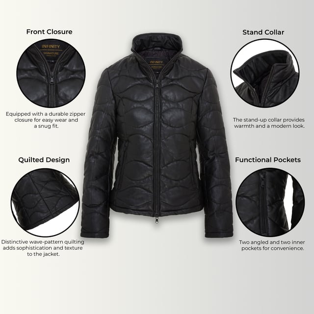 Experimente la combinación perfecta de sofisticación y practicidad con nuestra chaqueta acolchada de cuero para mujer Infinity Signature Range. Confeccionada con cuero napa de oveja de primera calidad, esta chaqueta presenta un innovador acolchado aislante y líneas de acolchado de guiones horizontales escalonados para una calidez superior y un estilo atemporal. Diseñada con la funcionalidad en mente, cuenta con una cremallera UMZ expuesta, cuello alto, para mayor comodidad. Los bolsillos calientamanos con cremallera brindan calidez, mientras que el interior completamente forrado en algodón con dos bolsillos verticales con cremallera y un bolsillo para el teléfono garantiza comodidad. Esta chaqueta redefine la elegancia y la durabilidad, lo que la convierte en una adición esencial a su guardarropa. Características principales: Cuero napa de oveja de primera calidad para una suavidad lujosa. Acolchado aislante para mayor calidez y estilo. Cremallera UMZ expuesta y cremallera inteligente en el cuello para detalles únicos. Puños con ribete elástico para mayor comodidad y protección. Dos bolsillos calientamanos con cremallera y dos bolsillos interiores. Interior completamente forrado en nailon con dos bolsillos con cremallera y un bolsillo para el teléfono. Diseño atemporal perfecto para un estilo versátil.