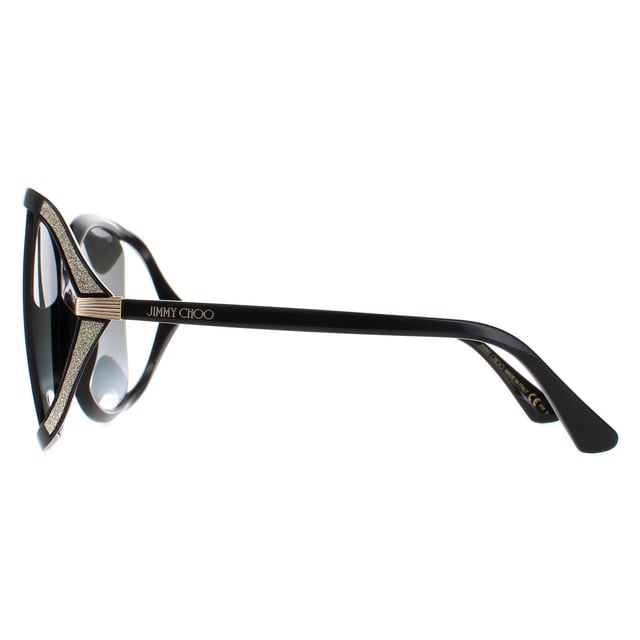 Jimmy Choo Butterfly Womens Black Dark Grey Gradient TILDA/G/S  Sunglasses are a stunning butterfly style which feature a cool gap at the sides where the sunglasses start to wrap around the face. This is embellished with sparkly glitter like finish and a funky hinge design.