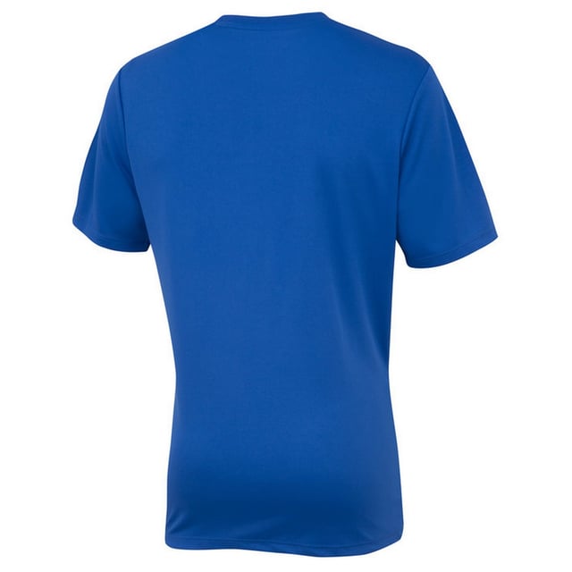 100% Polyester. Fabric: Micro Eyelet. Design: Stacked Logo. Neckline: Crew Neck, Ribbed. Sleeve-Type: Short-Sleeved.