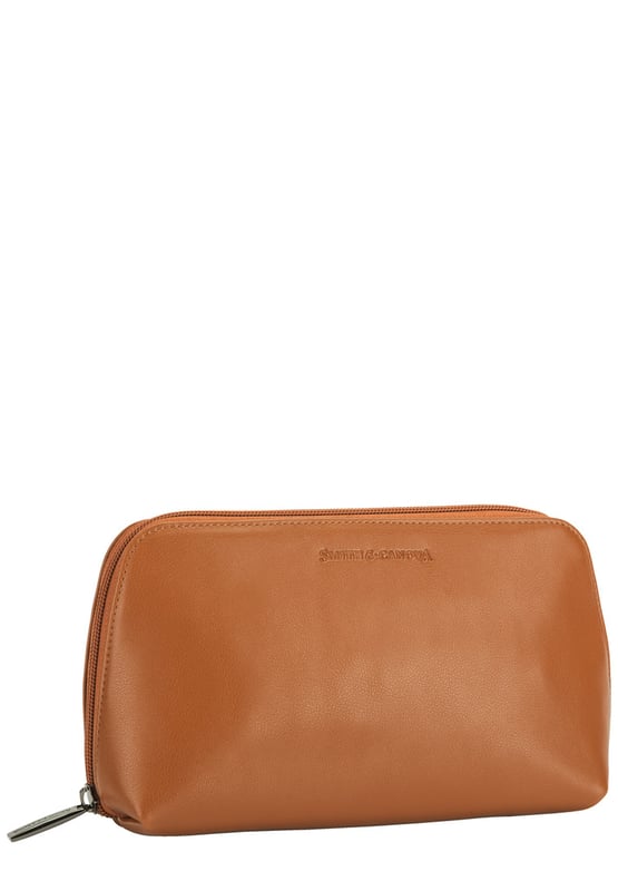 This staple zip around cosmetic bag in genuine leather, inside features a zip pocket, elasticated pocket and elasticated cosmetic holders. This minimal design includes a debossed logo and gunmetal zip pull. Features: , Zip around fastening, Smith & Canova debossed logo, Smith & Canova branded interior, Inner zip pocket, Elasticated pocket, Genuine Leather Style Ref: 26833 TAN