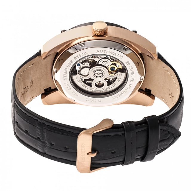 316L Surgical-Quality Stainless Steel Case; Jeweled Automatic Movement; Jewel Bearings: 20 Jewels; 36-Hour Power Reserve; Beats per Hour (BPH): 21600/Hour; Sapphire-Coated Mineral Crystal; Semi-Skeleton Dial; Outer Disc Represents Hour; Middle Disc Represents Minutes; Inside Disc Represents Seconds; Observation Caseback to View Movement; Logo-Engraved Stainless Steel Crown; Genuine Leather Crocodile-Embossed Strap; Logo-Engraved Stainless Steel Clasp; 43mm Case Diameter; 10 ATM Water Resistance;