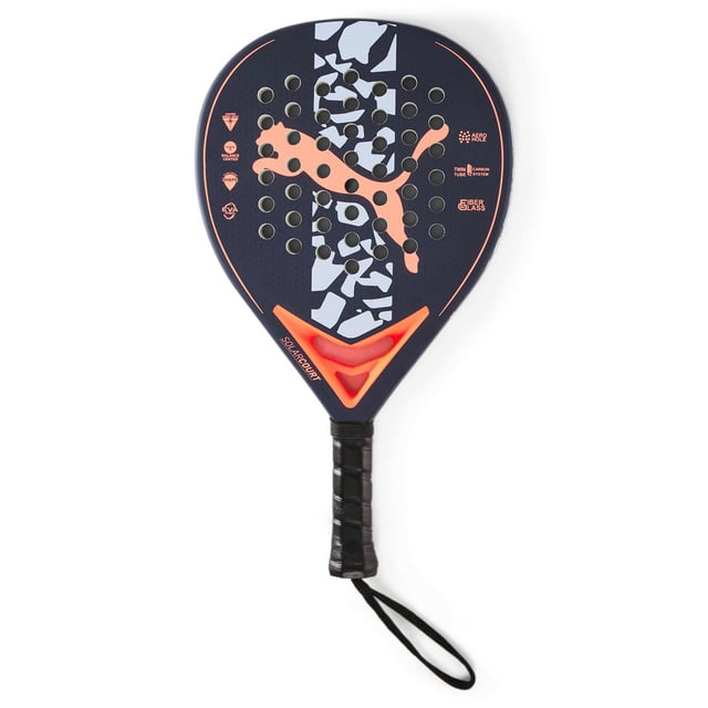 Color: New Navy Ultra Orange Team Light Blue 01 Specifications: SolarCOURT padel racket ideal for intermediate level players. It features a teardrop-shaped double tubular carbon fiber frame that offers perfectly balanced power and precision. Rope wrist strap with logoed neoprene armband. Details: Weight 360g | EVA low hardness 10-13 | Standard bumper protection