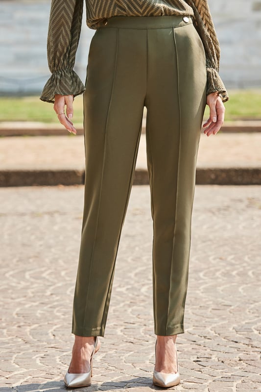 Add them to your work-to-weekend rotation Cut for a chic tapered silhouette Elevated with a luxe gold button detail waistband Ankle-grazing hem you'll wear with heels, boots and flats Effortlessly chic with a roll neck and courts A silky blouse will take you from desk to dinnerInside leg to fit: Short 29" | Regular 31" | Long 33"