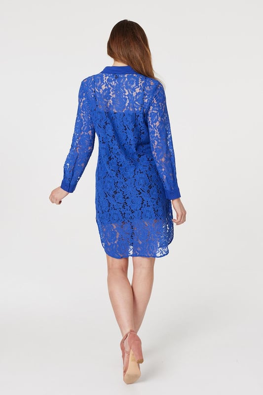 Add a twist to a traditional shirt dress with this sheer lace longline dress. Made from 100% cotton, it has a collar, V-neck, button front, long sleeves with tailored cuffs and a knee length hem. Layer over leggings and pair with your favourite heels, or leave unbuttoned for a chic warm weather alternative to a coat or cardigan.