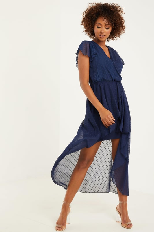 Navy Polka Dot Dip Hem Dress