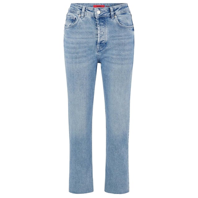Womens HUGO Gimberly Regular Fit Jeans- Trendy straight leg denim in authentic light blue wash- Classic 5 pocket construction.- Zip fly and button fastening.- High rise.- Straight leg.- Cropped length.- Frayed hems.- 94% Cotton  4% Elastomultiester  2% Elastane- Ref: 50473858-435