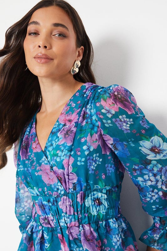 Petite Printed Blouson Sleeve Organza Midi Dress