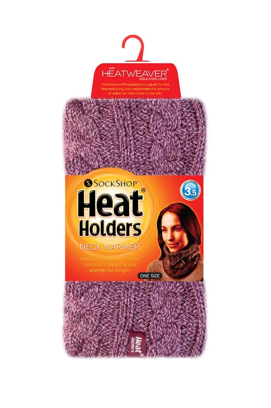When it gets cold, your neck needs something to protect it from the wind and cold weather.Warmer than a regular scarf and less trouble too, this pretty cable knit Heat Holders neck warmer will keep your neck warm in the winter months. With its delightfully soft, warm and silky fur-like lining, this neck warmer traps the warm air close to the skin and keeps the neck and surround area insulated from the cold. The advanced, high performance Heat Holders insulating yarn helps protect against the cold and wicks away moisture to keep you dry and comfortable. The specially sculpted fit of this neck warmer drops low to contour around the chest, neck and chin for extra warmth and protection.