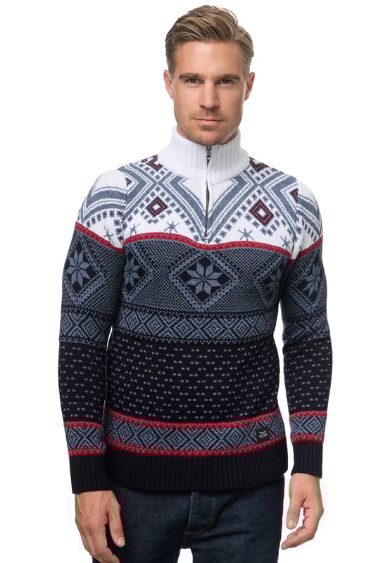 Rusty Neal Noorse Trui voor heren. De Noorse Trui is gemaakt van katoen en polyester, en heeft een mooie aansluitende pasvorm.  Merk: Rusty NealModelnaam: Noorse PulloverCategorie: heren Noorse TruiMaterialen: katoen, polyesterKleur: navy blauw, wit