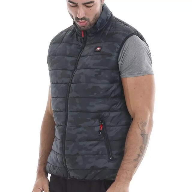 100% Polyester. Fabric: Tight Weave. Design: Camo, Logo, Quilted. Fabric Technology: Insulating, Lightweight, Thermal, Water Resistant, Windproof. Cuff: Bound, Elasticated. Branded Zip Pull, Padded. Sleeve-Type: Sleeveless. Neckline: Standing Collar. Fit: Slim. Pockets: 2 Side Pockets, Zip. Fastening: Front Zip. Hem: Bound, Elasticated. Conforms to Safety Standard: EN342. XL: 44 in. XXL: 46 in.