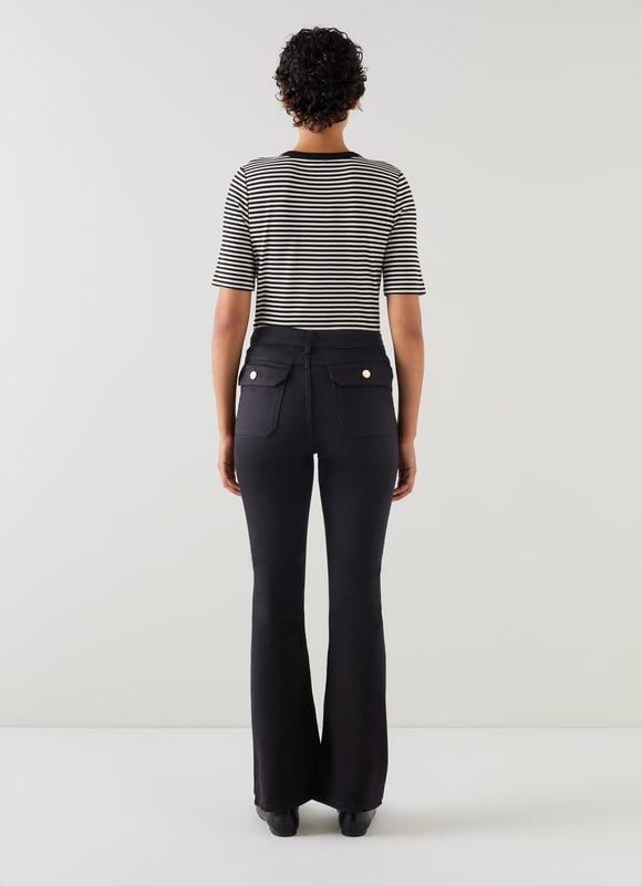 LK Bennett Millie Trousers, Black Turn heads with the Millie petite high waist patch pocket kickflare jean in classic black. Designed from a high-quality cotton mix, these trousers feature stylish patch pockets and a flattering flare that exudes smart casual elegance. Perfect when paired with a crisp blouse for the office or a relaxed tee for weekend outings.