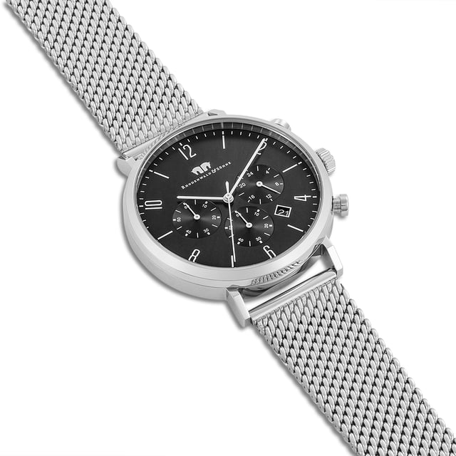 The premium men's watch from the Rhodenwald & Sons manufacture combines the design of sporty chronographs with the simple elegance of a dresswatch. The popular functions of 24-hour display, stopwatch and date are integrated into a puristic dial with tricompax arrangement-an ideal companion not only in the office, but also in leisure time, for a suit and jeans. The model convinces with a durable stainless steel housing, slim stickers and a precise and durable quartz train. A special highlight is the filigree mesh look of the Milanaise bracelet made of stainless steel.